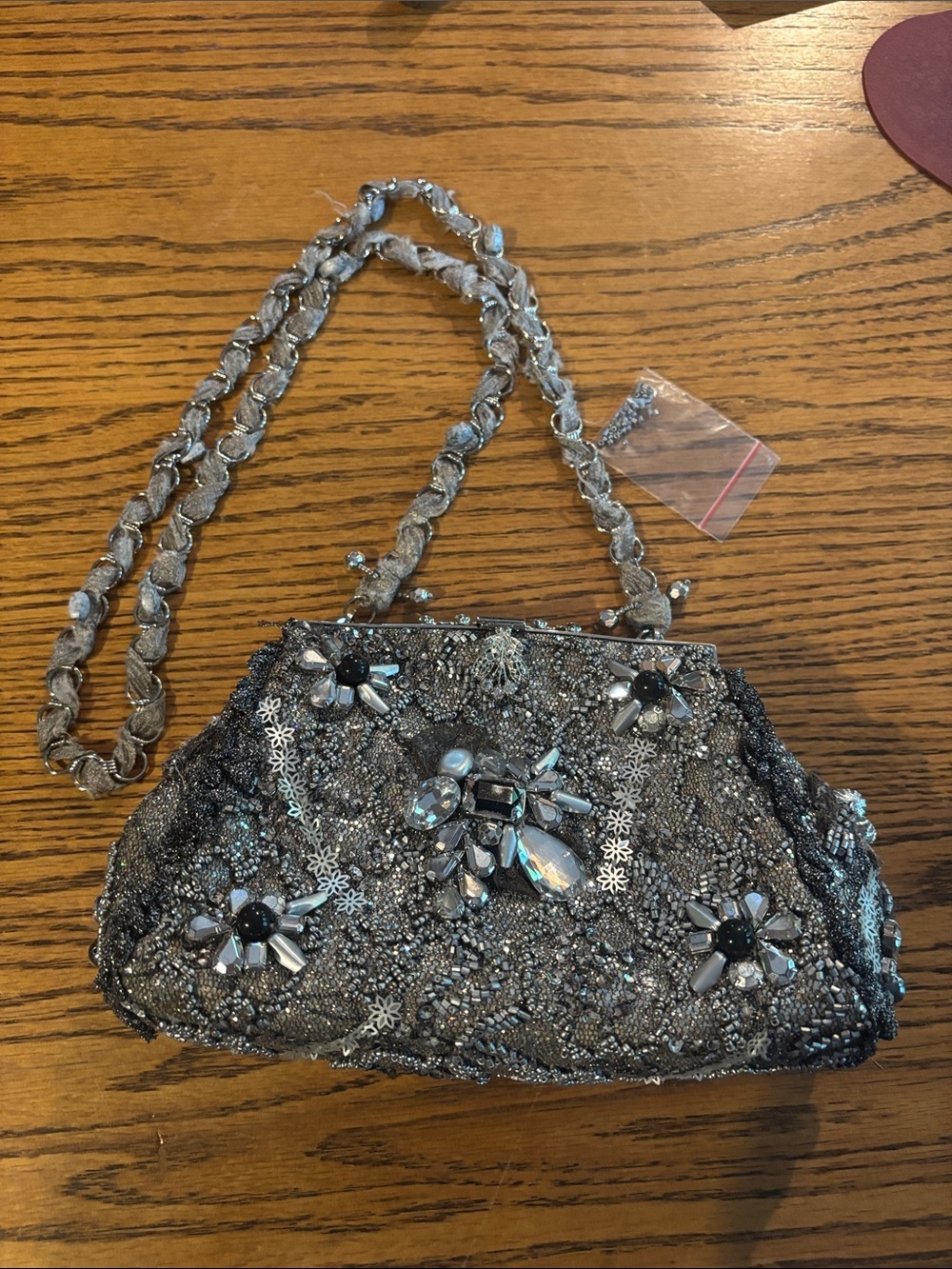 Mary Frances Silver Beaded Floral Embellished Evening Clutch
